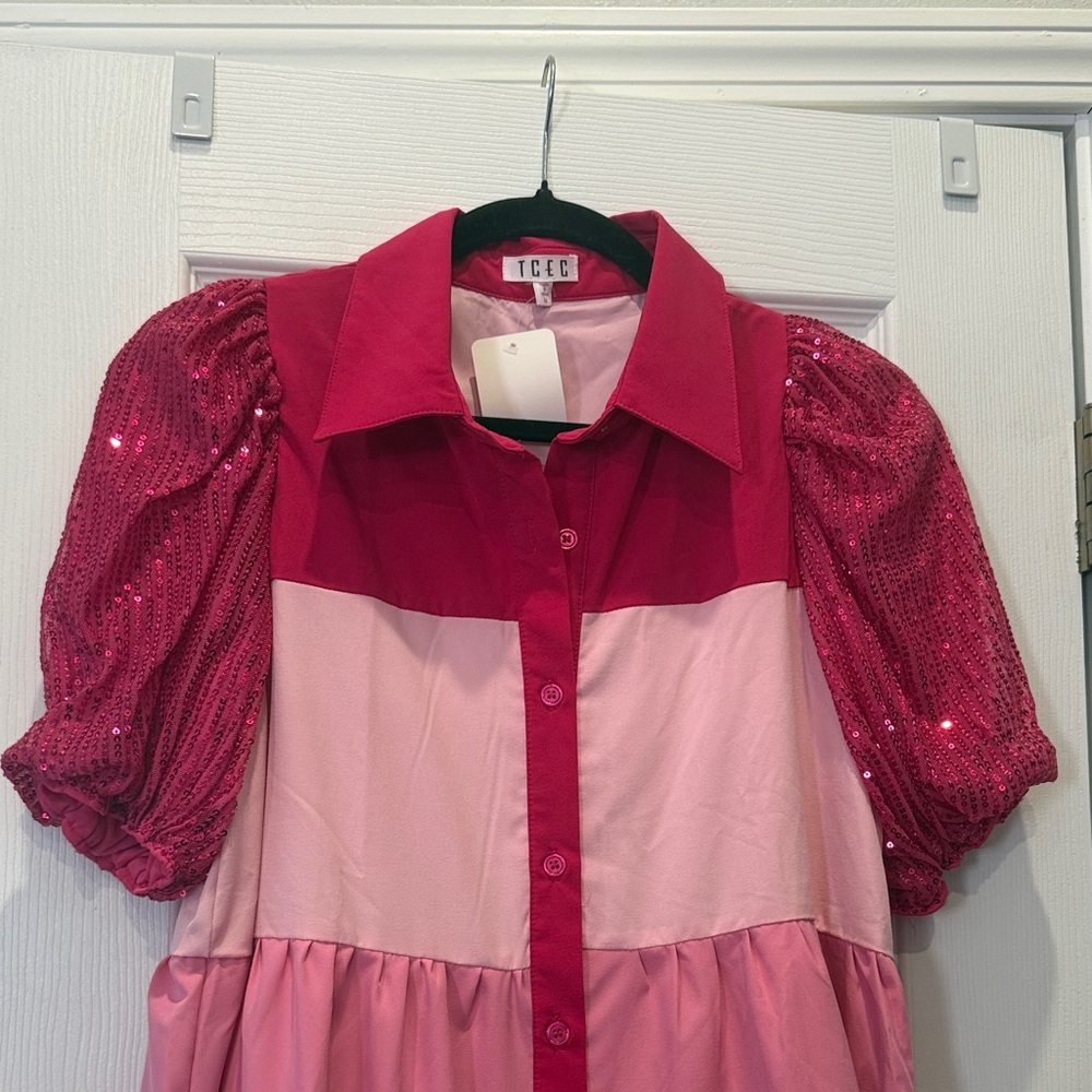Pink Ombré Tiered Dress with Puff Sequin Sleeves - Picture 2 of 5